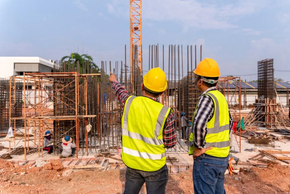 Two construction workers in hard hats standing on a construction site.