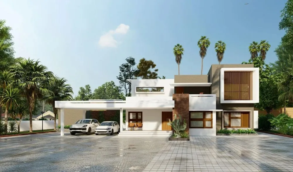 A modern, two-story house with a flat roof and a sleek design, featuring large windows and a mix of white and brown exterior walls. Two cars are parked in the driveway, and palm trees are visible in the background amidst a landscaped garden.