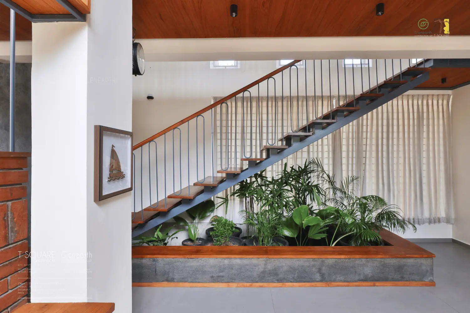 A serene stairway adorned with lush plants, featuring a vibrant potted plant resting on the steps, inviting tranquility.